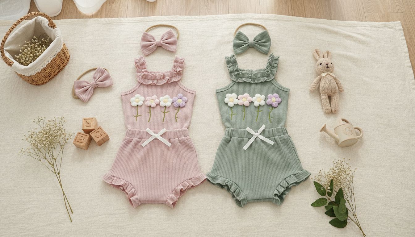 Baby Girl Flower Romper Set: Ruffle Shorts + Headband